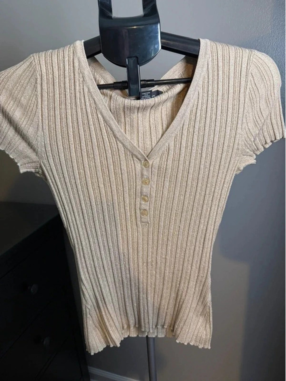 INC International Concepts Medium Shimmer Ribbed Henley Short Sleeve Sweater Top